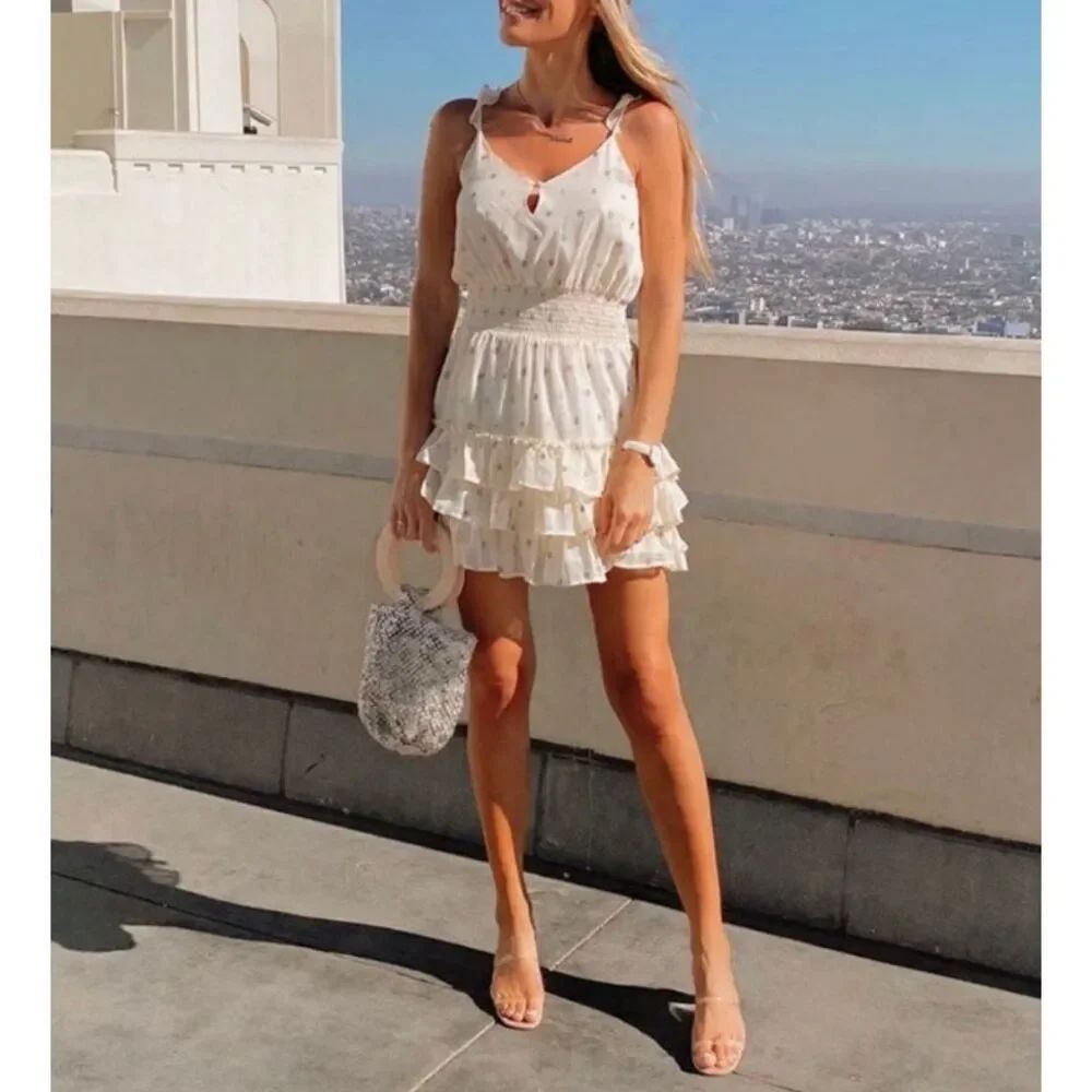 Saltwater Luxe California Gold Catherine Sleeveless Tiered Mini Dress Size Small